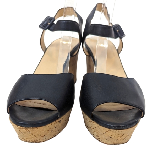 Cole Haan Gillian Mid Wedge Leather Sandals 10 Black Cork Platform Ankle Strap - Picture 2 of 14